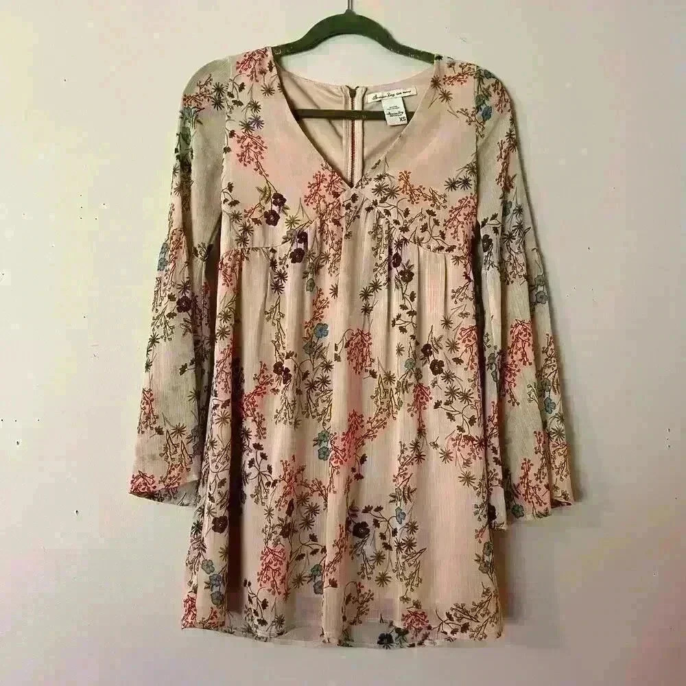 American Rag Cie Floral Dress Size XS Sheer Lined Bell Sleeves Cocktail Party